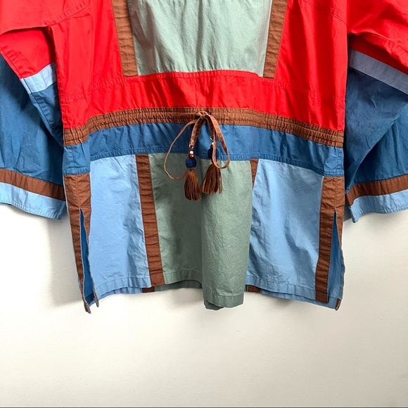 Tory Burch Colorblock Poplin Tunic Top V-Neck 3/4 Sleeve Tie Waist Tasseled - Picture 7 of 11